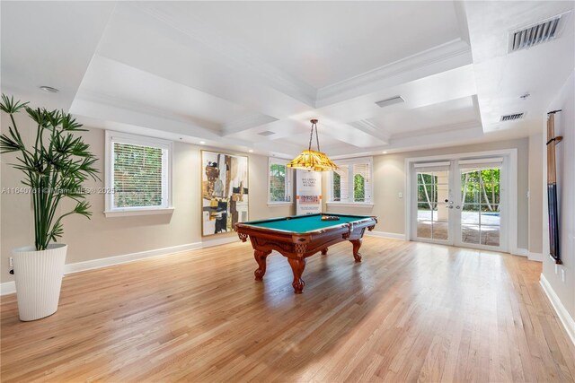 rec room with light hardwood / wood-style flooring, ornamental molding, french doors, and a healthy amount of sunlight