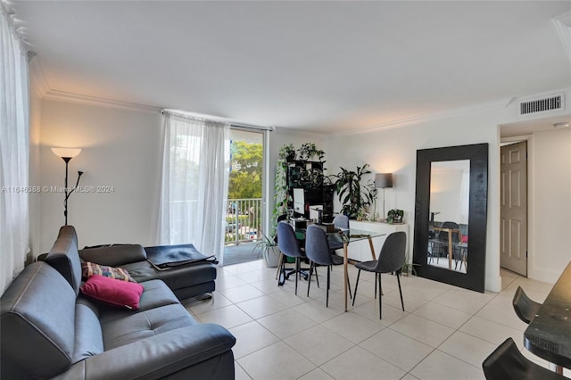 tiled living room featuring ornamental molding