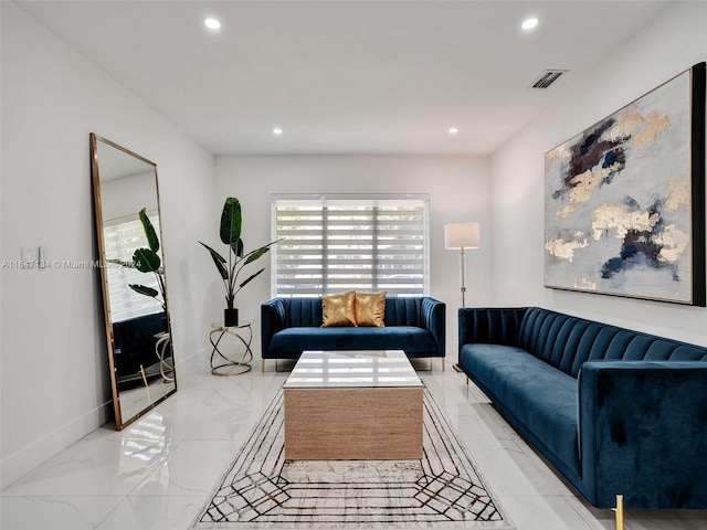 living room featuring marble finish floor, baseboards, visible vents, and recessed lighting