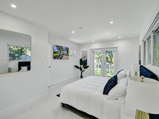 bedroom with french doors, multiple windows, and recessed lighting