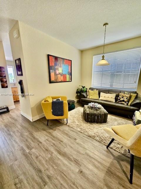 living room featuring wood-type flooring and a textured ceiling