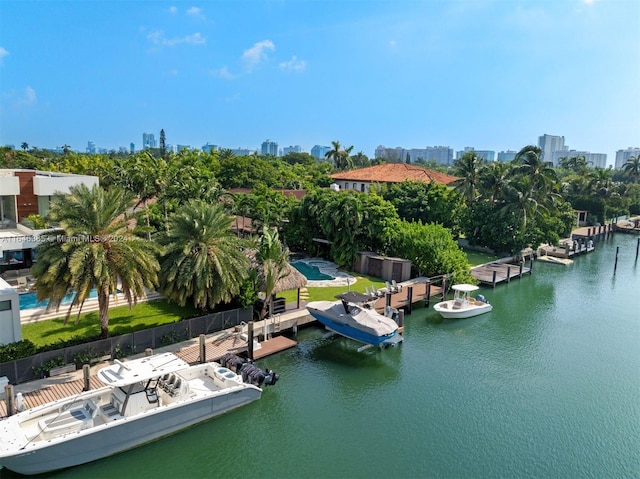 aerial view featuring a water view