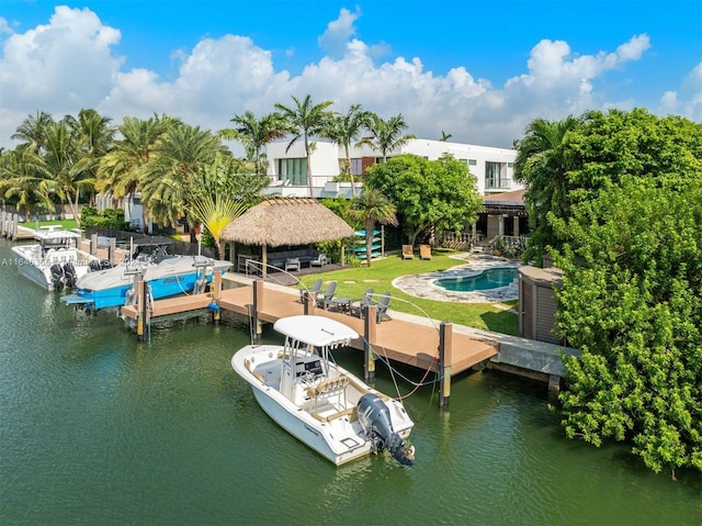 view of dock with a water view