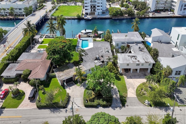 birds eye view of property featuring a water view