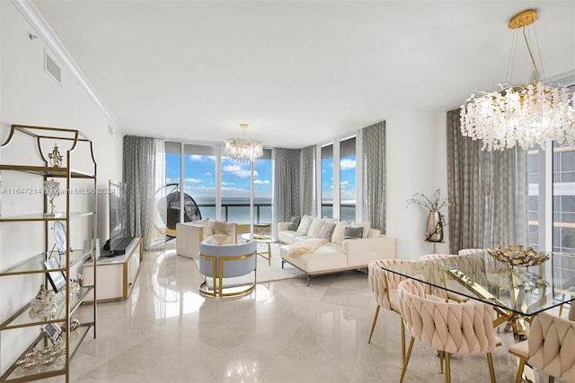 living room with an inviting chandelier, floor to ceiling windows, and crown molding