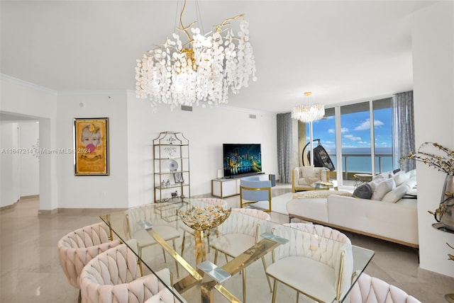 dining area featuring floor to ceiling windows, a chandelier, and crown molding