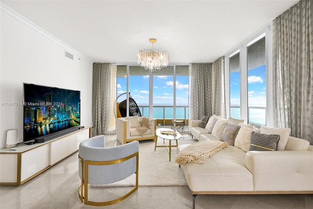 living room with a healthy amount of sunlight, expansive windows, and a chandelier