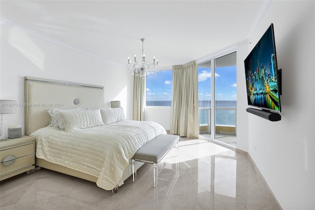 bedroom with a wall of windows, access to outside, ornamental molding, and a chandelier