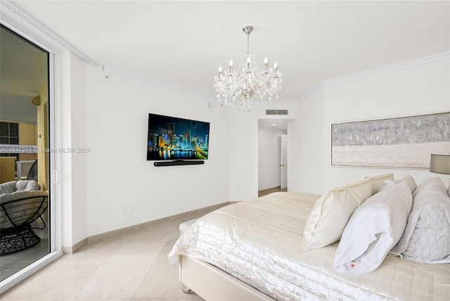 bedroom featuring a notable chandelier and ornamental molding