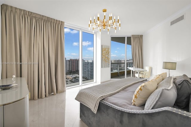 tiled bedroom with a notable chandelier, a wall of windows, access to exterior, and crown molding