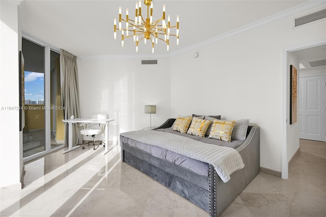 bedroom featuring ornamental molding, a notable chandelier, a wall of windows, and access to outside