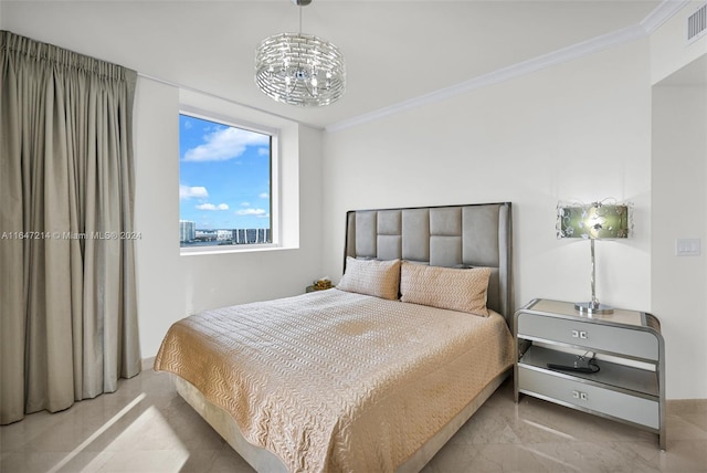 bedroom with an inviting chandelier and crown molding