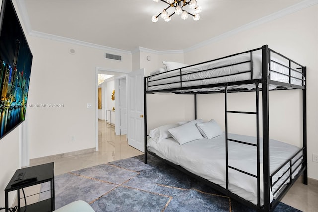 bedroom with a chandelier and crown molding