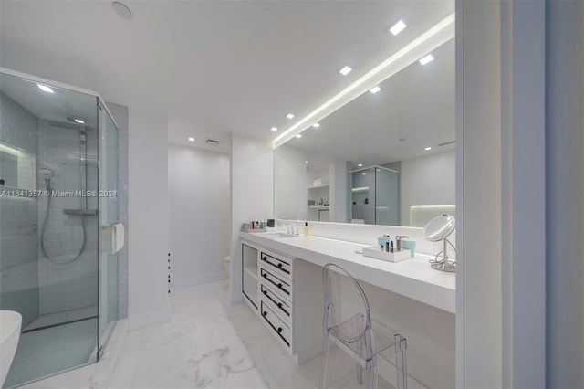 bathroom featuring tile patterned flooring, toilet, walk in shower, and vanity