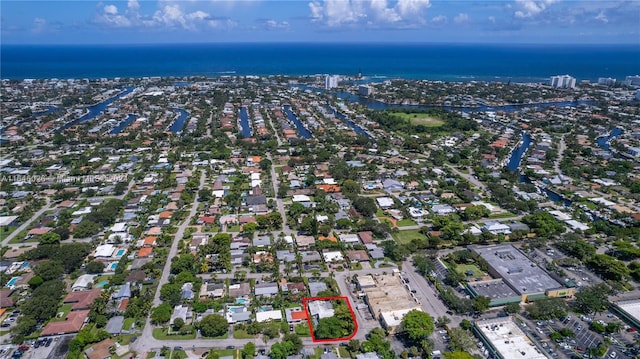 drone / aerial view featuring a water view