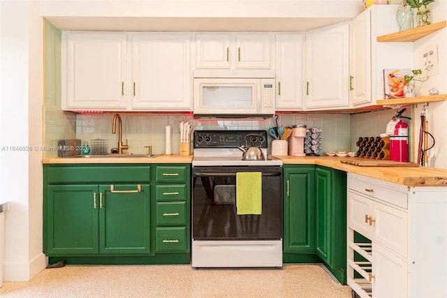 kitchen with backsplash, wood counters, white appliances, white cabinetry, and sink