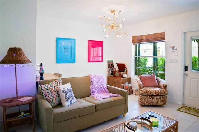 tiled living room with a chandelier