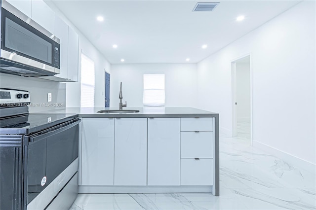 kitchen with kitchen peninsula, sink, white cabinets, and stainless steel appliances