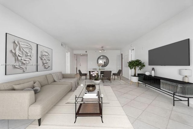 living room with light tile patterned flooring