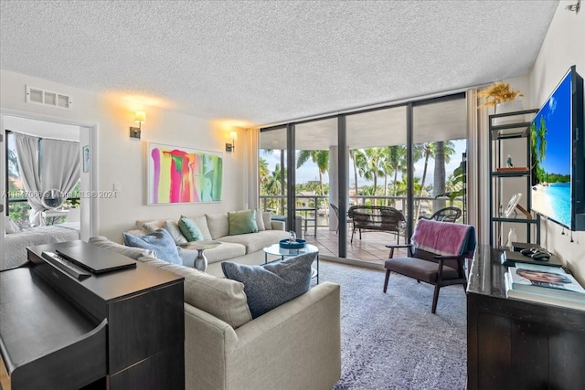 carpeted living room with a textured ceiling and expansive windows