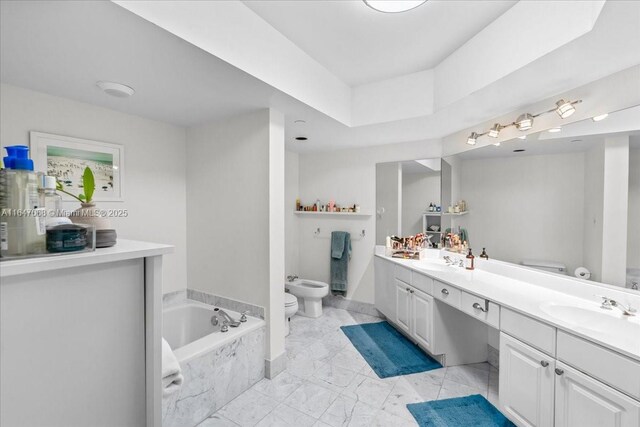 3598 Yacht Club Dr Unit 302, Aventura, FL 33180 - full bathroom featuring a bidet, toilet, double vanity, a bath, and marble look tiles