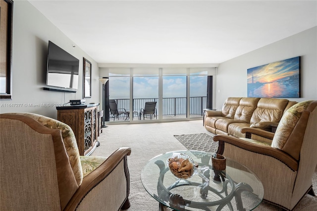 living room featuring expansive windows and light carpet