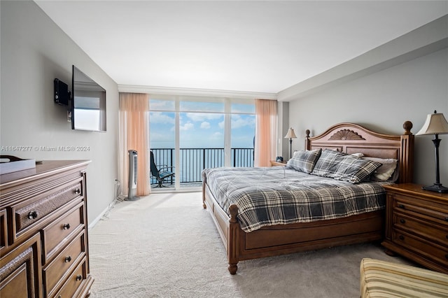 carpeted bedroom with expansive windows and access to exterior