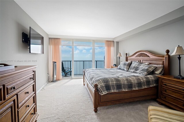 bedroom featuring light carpet, floor to ceiling windows, and access to exterior