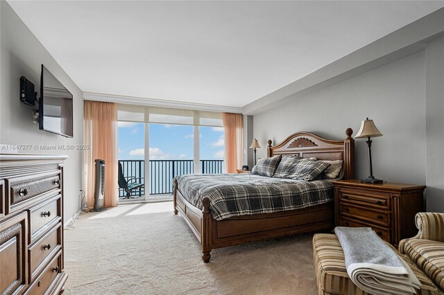 bedroom with light carpet, access to outside, and expansive windows