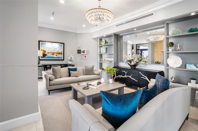 living room with crown molding and an inviting chandelier