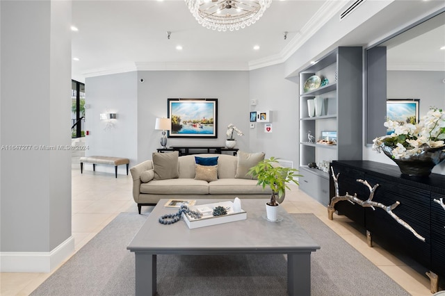 living room featuring ornamental molding, light tile patterned floors, and built in shelves