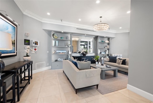 tiled living room with a notable chandelier and ornamental molding