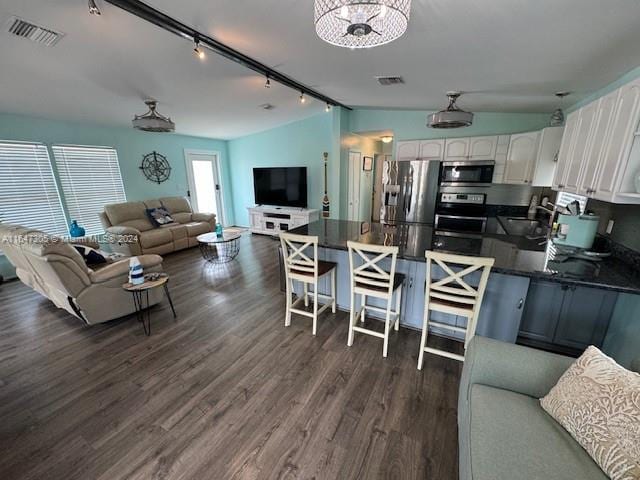 kitchen featuring appliances with stainless steel finishes, white cabinets, rail lighting, and dark hardwood / wood-style floors