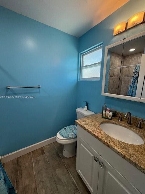 bathroom with toilet, walk in shower, vanity, and hardwood / wood-style flooring