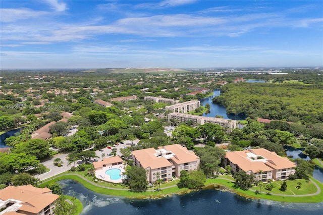 drone / aerial view with a water view