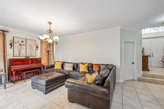 tiled living room with a notable chandelier and ornamental molding