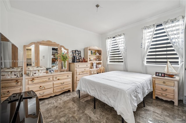 tiled bedroom featuring crown molding