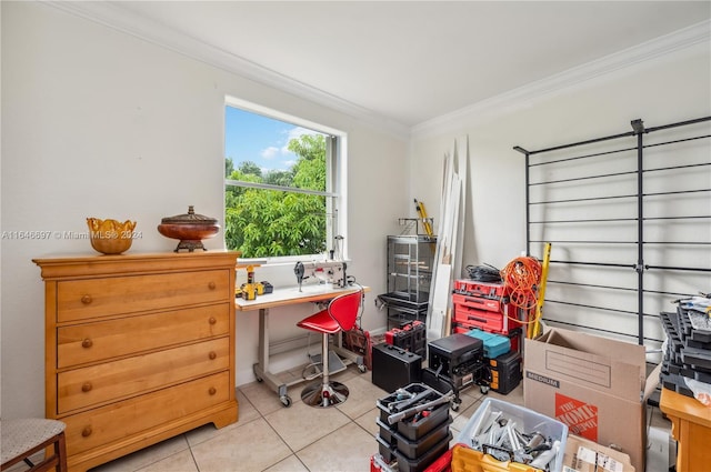 14107 SW 155th St, Miami, FL 33177 - home office featuring light tile patterned flooring and ornamental molding