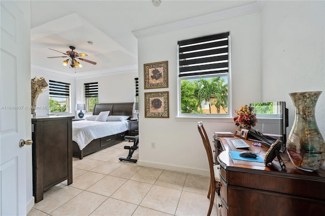 tiled bedroom with ceiling fan and crown molding