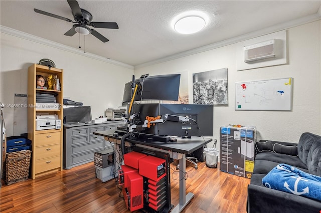 office with dark hardwood / wood-style flooring, an AC wall unit, crown molding, and ceiling fan