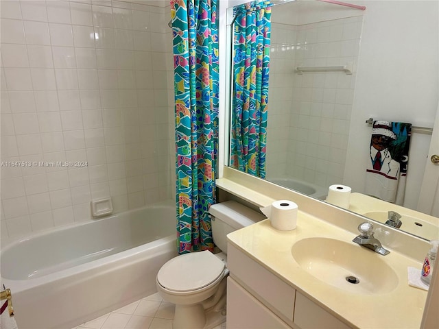 full bathroom featuring tile patterned flooring, toilet, shower / bathtub combination with curtain, and vanity