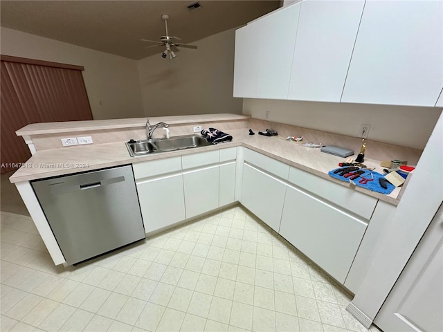 kitchen with ceiling fan, white cabinets, dishwasher, sink, and light tile patterned flooring