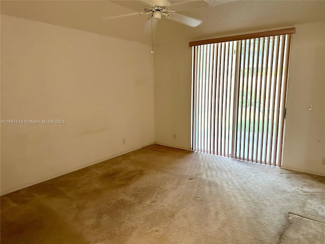 unfurnished room with a wealth of natural light, ceiling fan, and light carpet