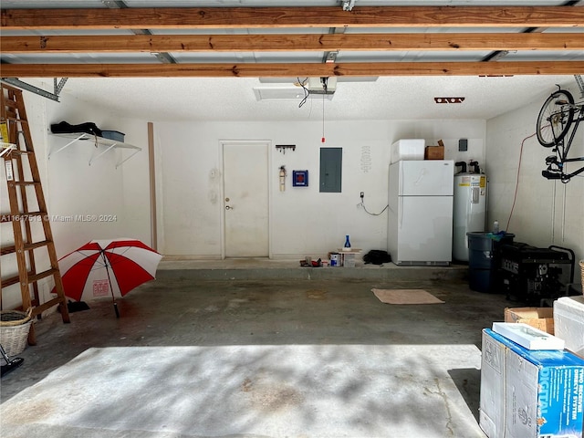 garage with electric panel, a garage door opener, white fridge, and electric water heater