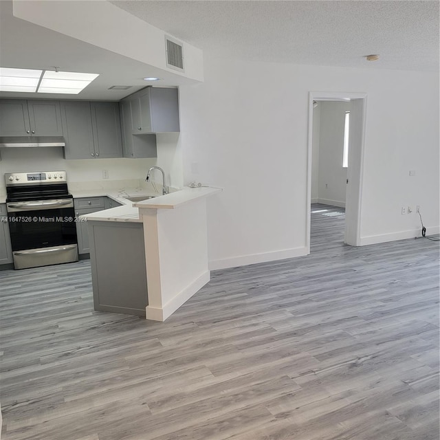 kitchen featuring stainless steel electric stove, kitchen peninsula, gray cabinetry, and light hardwood / wood-style floors