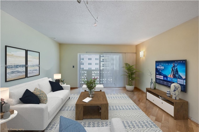 living room with a textured ceiling and hardwood / wood-style flooring