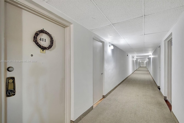 hallway with carpet floors, baseboards, and a paneled ceiling