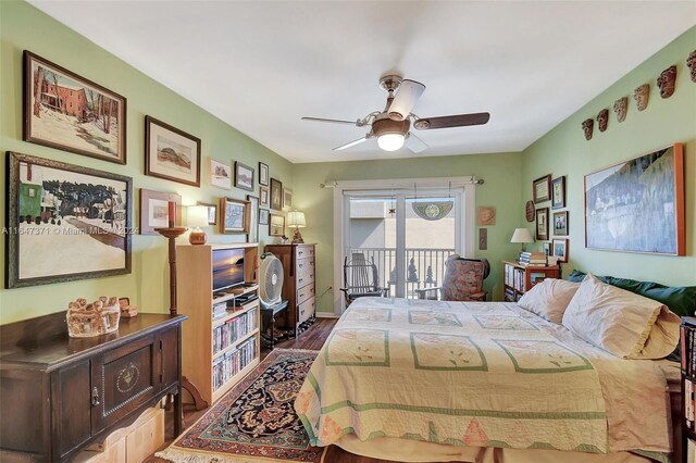 bedroom featuring access to exterior, ceiling fan, and hardwood / wood-style floors