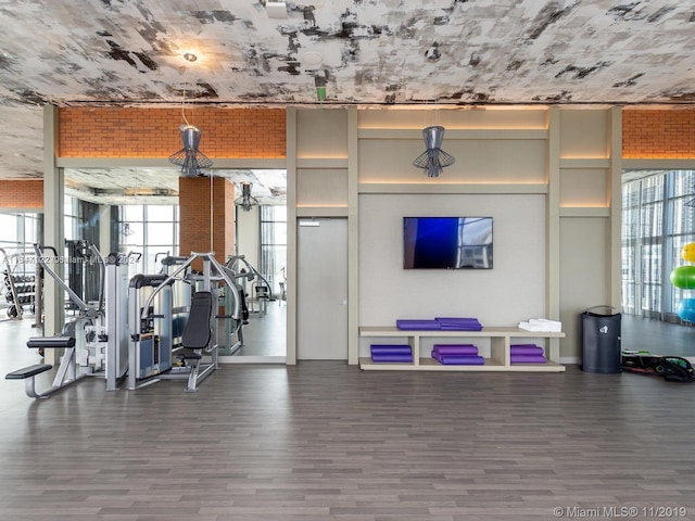 gym with hardwood / wood-style flooring and a wall of windows