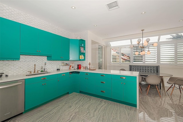 kitchen featuring dishwasher, decorative light fixtures, decorative backsplash, an inviting chandelier, and sink